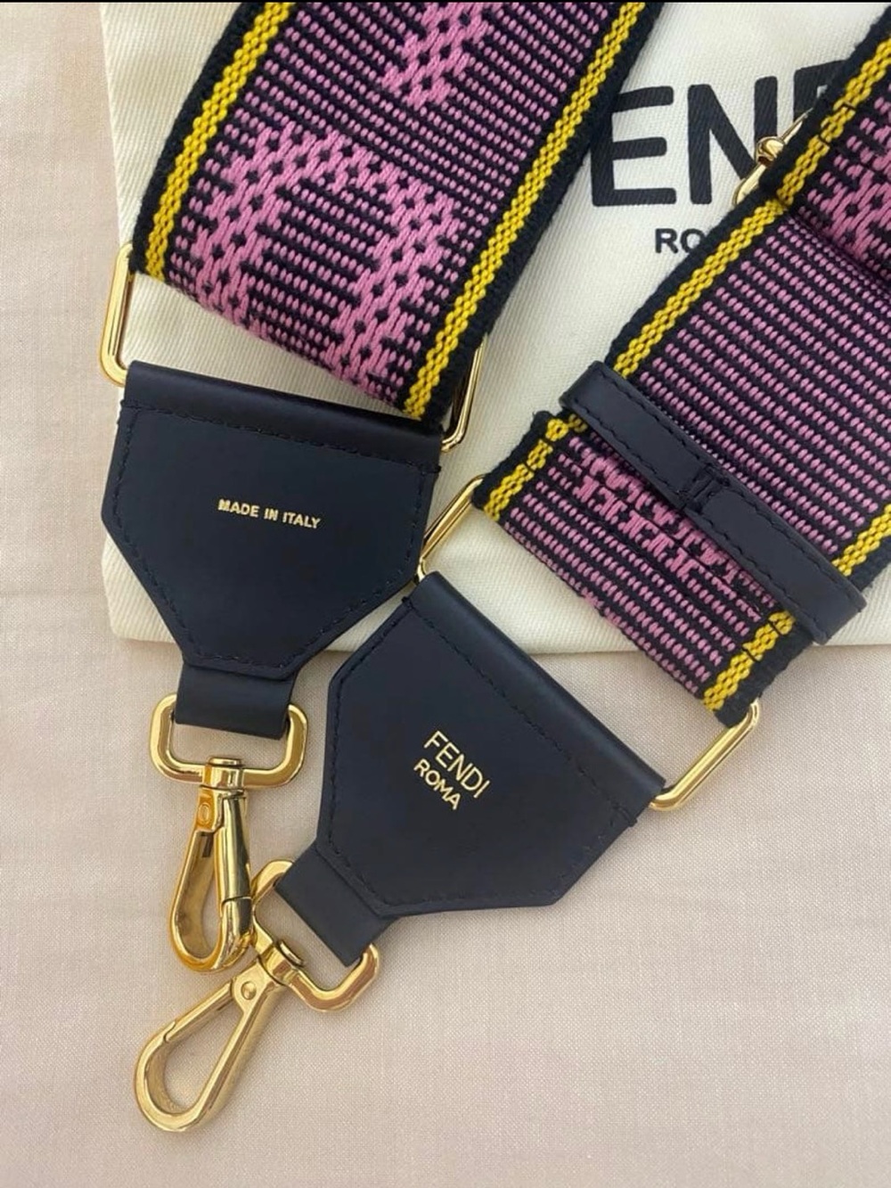 Fendi Pink and Black Jacquard Adjustable Strap with Yellow Accent strap you - Picture 2 of 4